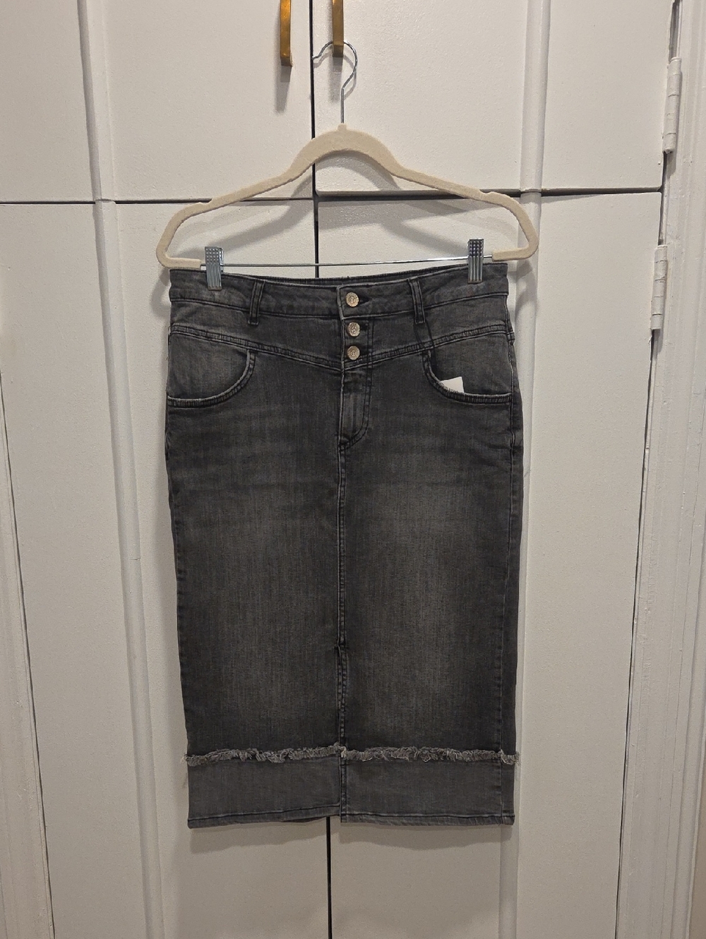 Zara Black-Grey Button-Front Stretch Denim Midi Skirt
